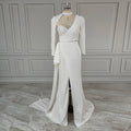 Real Photos Sexy Beading High Side Slit Satin Wedding Dress Bridal Gown for Women With Detachable Sleeves