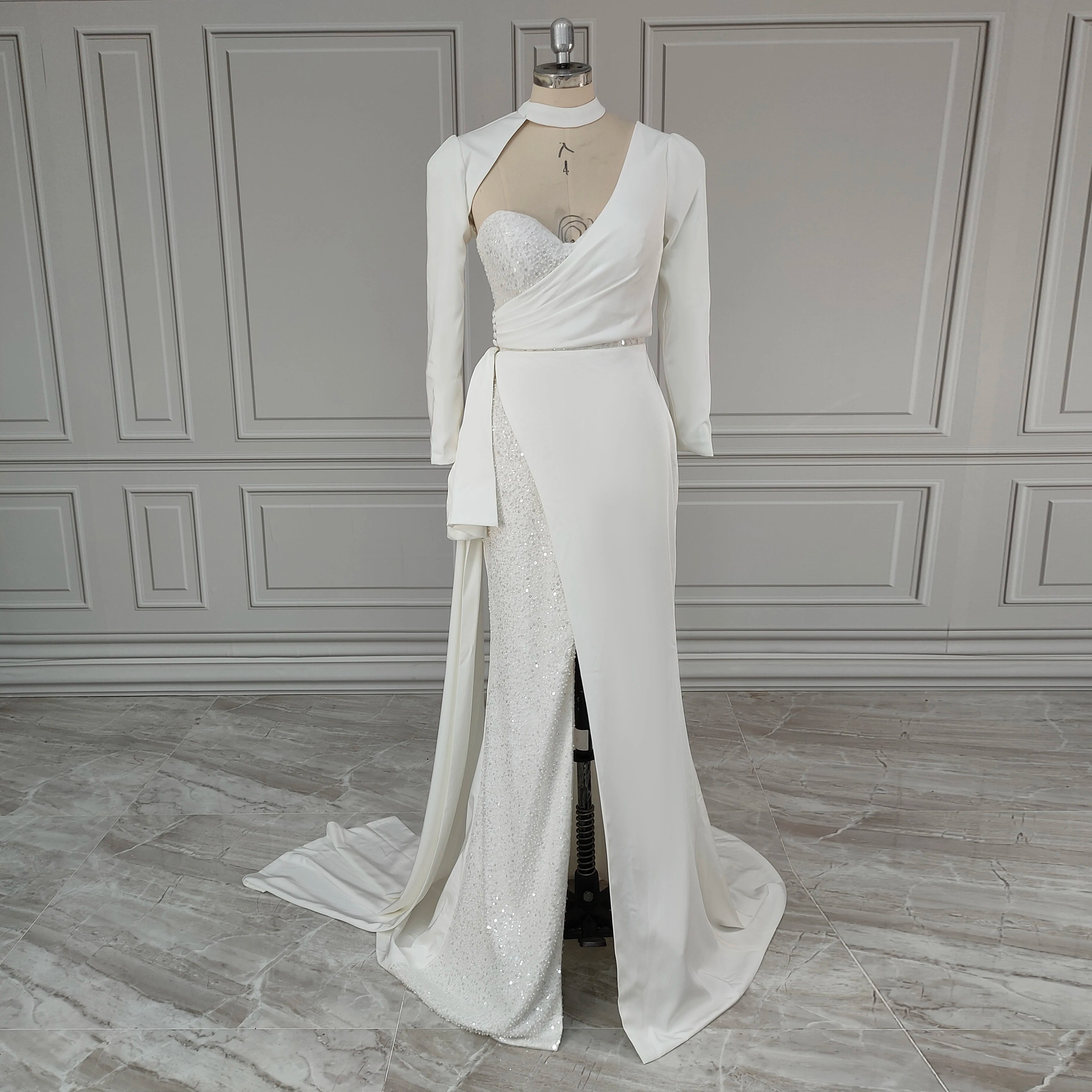 Real Photos Sexy Beading High Side Slit Satin Wedding Dress Bridal Gown for Women With Detachable Sleeves