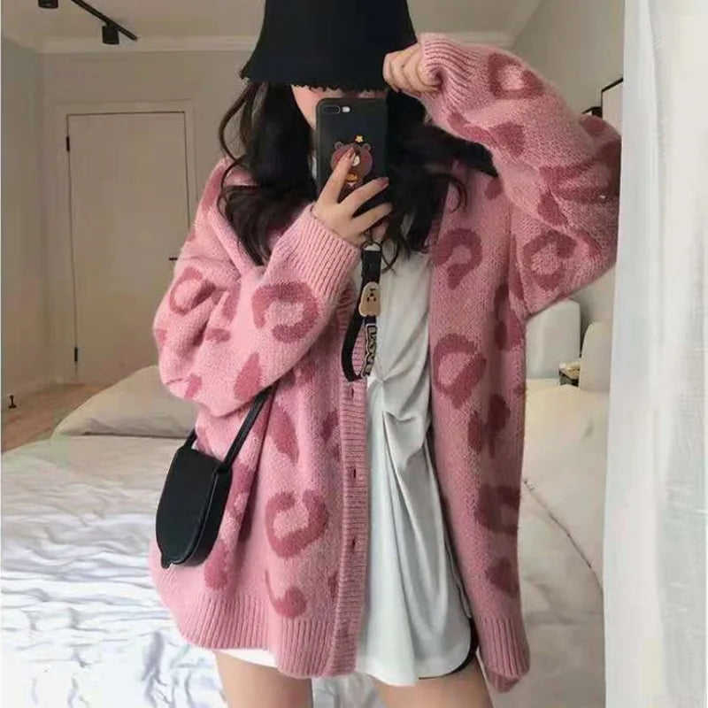 Autumn Winter Knitted Leopard Sweaters Women Korean V Neck Thick Print Cardigan Coat Loose Button Outwear