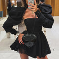 Chic Designs 2024 New Lace Trim Detachable Halter Neck Stacked Long Sleeve Tube Top Mini Black Dress for Ladies Party Two-Piece