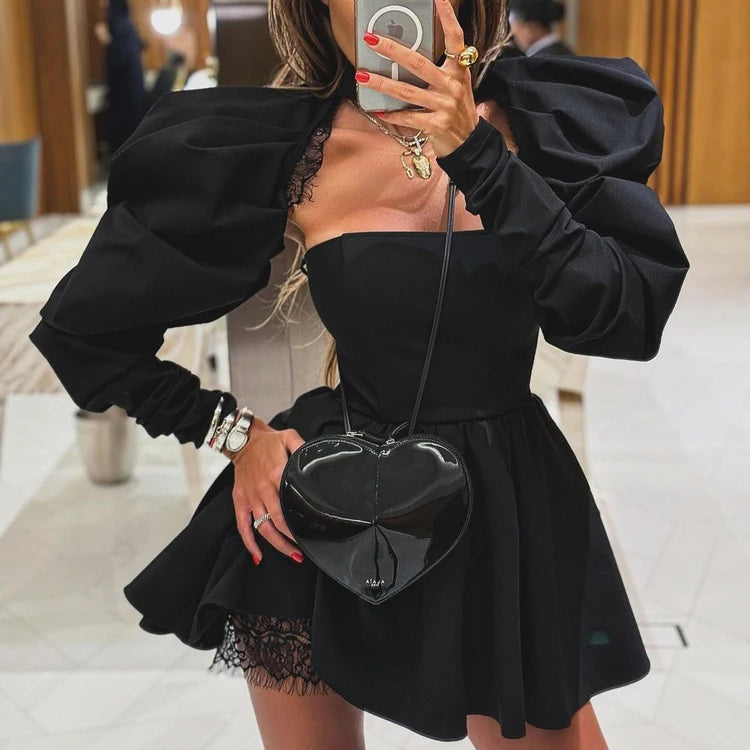 Chic Designs 2024 New Lace Trim Detachable Halter Neck Stacked Long Sleeve Tube Top Mini Black Dress for Ladies Party Two-Piece