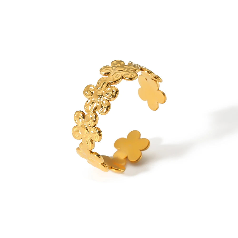 Hot Selling Stainless Steel 18K Gold Plated Elegant Flower Adjustable Open Rings for Girls Cute Wear