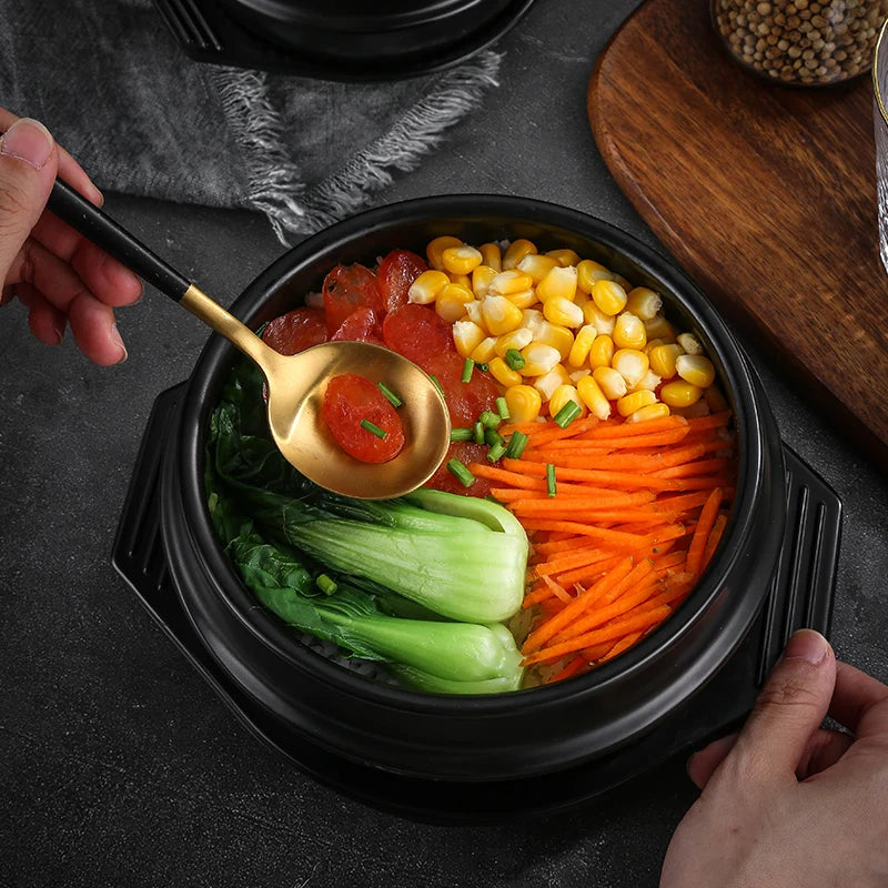 Korean Dolsot Stone Bowl Ceramic Bibimbap Earthen Pot with Tray Commercial Hot Rice Noodle Soup Casserole Bowl