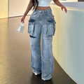 Fashion Women's Pants Trousers Casual Cargo Boyfriend Denim Wide Leg Pants Workout Pocket Jeans for Ladies Pants Women