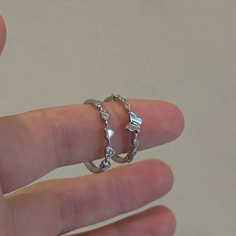 Dainty S925 Sterling Silver Micro Set Zircon Heart Butterfly Adjustable Ring Delicate Stacking Ring Good Luck Gift