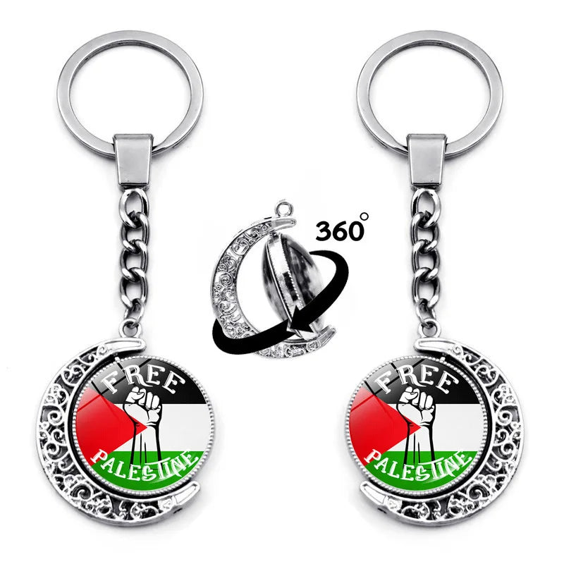 Manufacturer I Love Palestine Flag Design Keychain Crescent Moon Shape Crystal Glass Dome Cabochon Support Palestine Key Chain