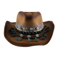 Wholesale Men & Women Outdoor Paper Straw Cattle Man Cowboy Hat Beach Sun Cowgirl Hat with Shell & Tassel Jacquard Band