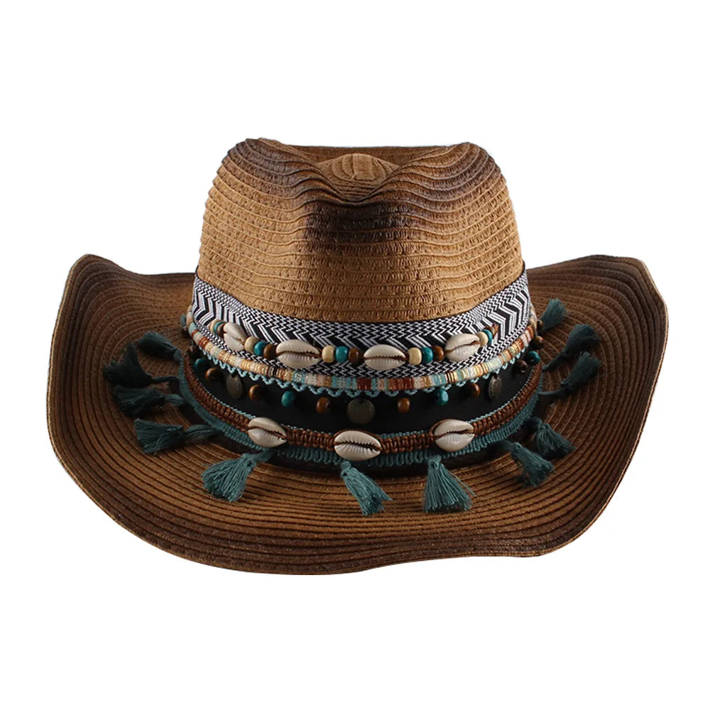 Wholesale Men & Women Outdoor Paper Straw Cattle Man Cowboy Hat Beach Sun Cowgirl Hat with Shell & Tassel Jacquard Band