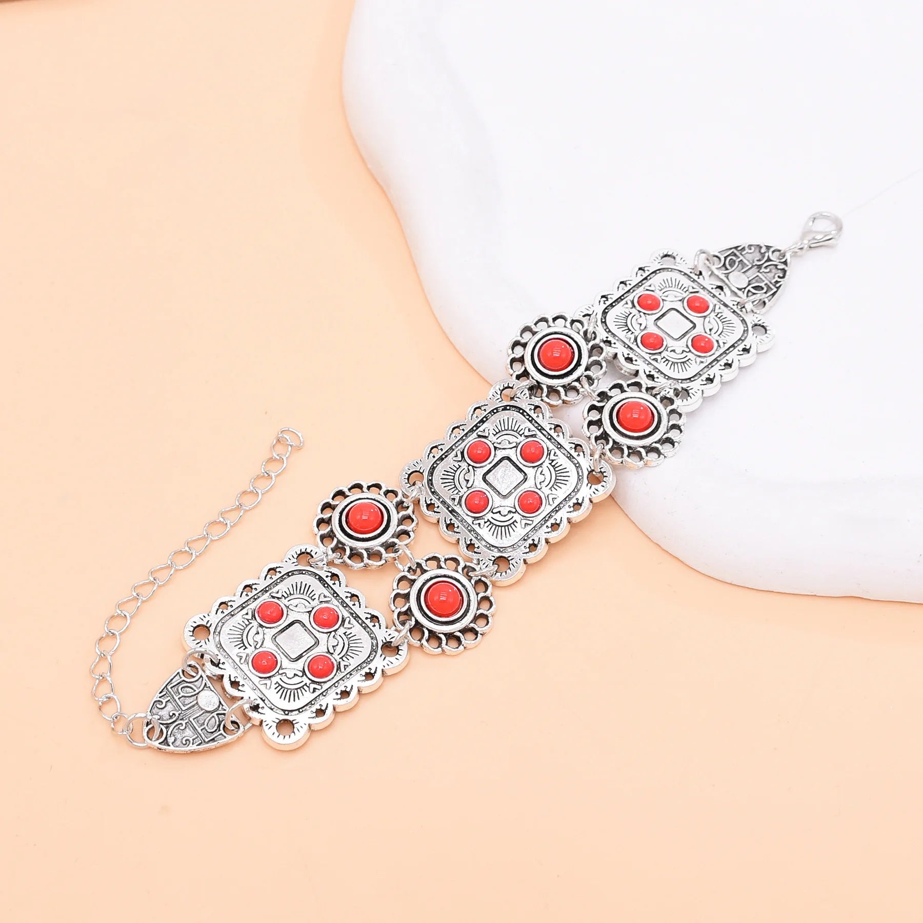 Idealway Antique Silver Metal Red and Blue Beads Bracelet Jewelry Beach Women Bohemian Party Jewelry
