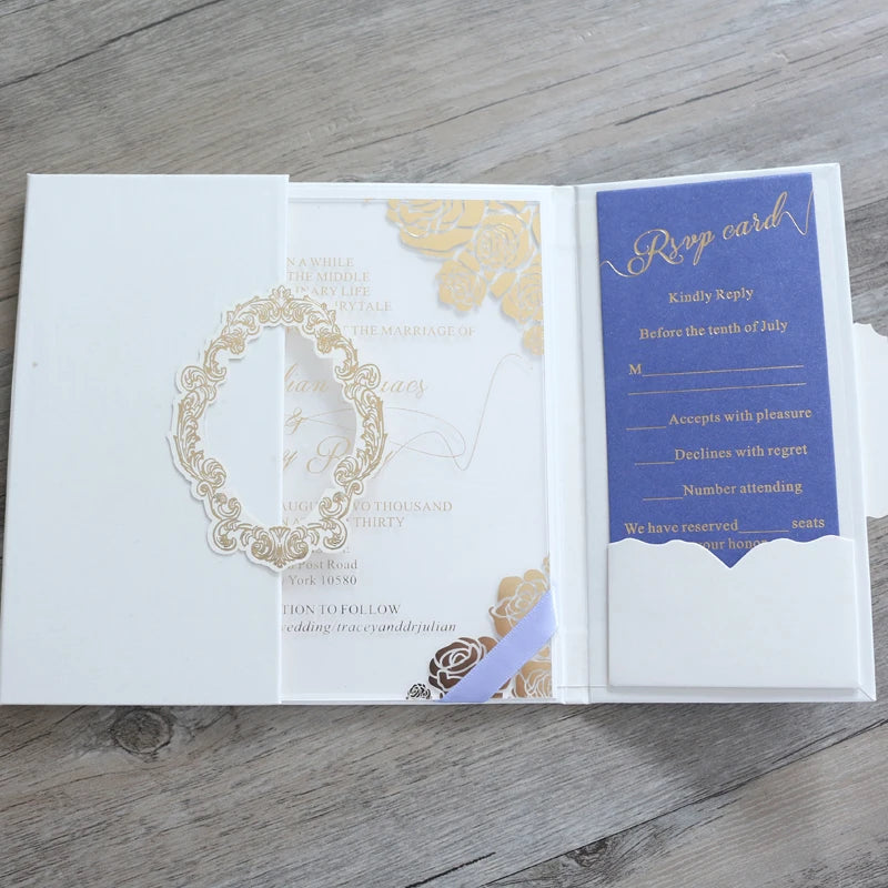 Elegant Gate Design Pocket Fold Invitations Cover with Ribbon for Foil Flower Clear Acrylic Wedding Invitation MegaBDM