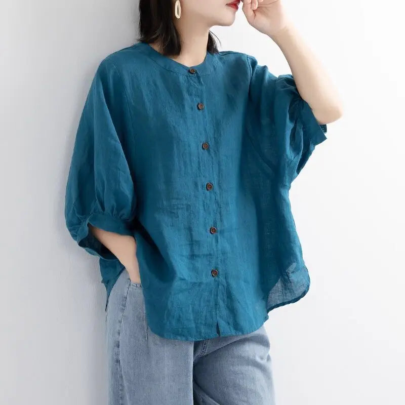 Retro Solid Color Mujer Lantern Sleeves Casual Tops Blouse New Cotton Plus Size Clothes Shirts Women Linen Blouse