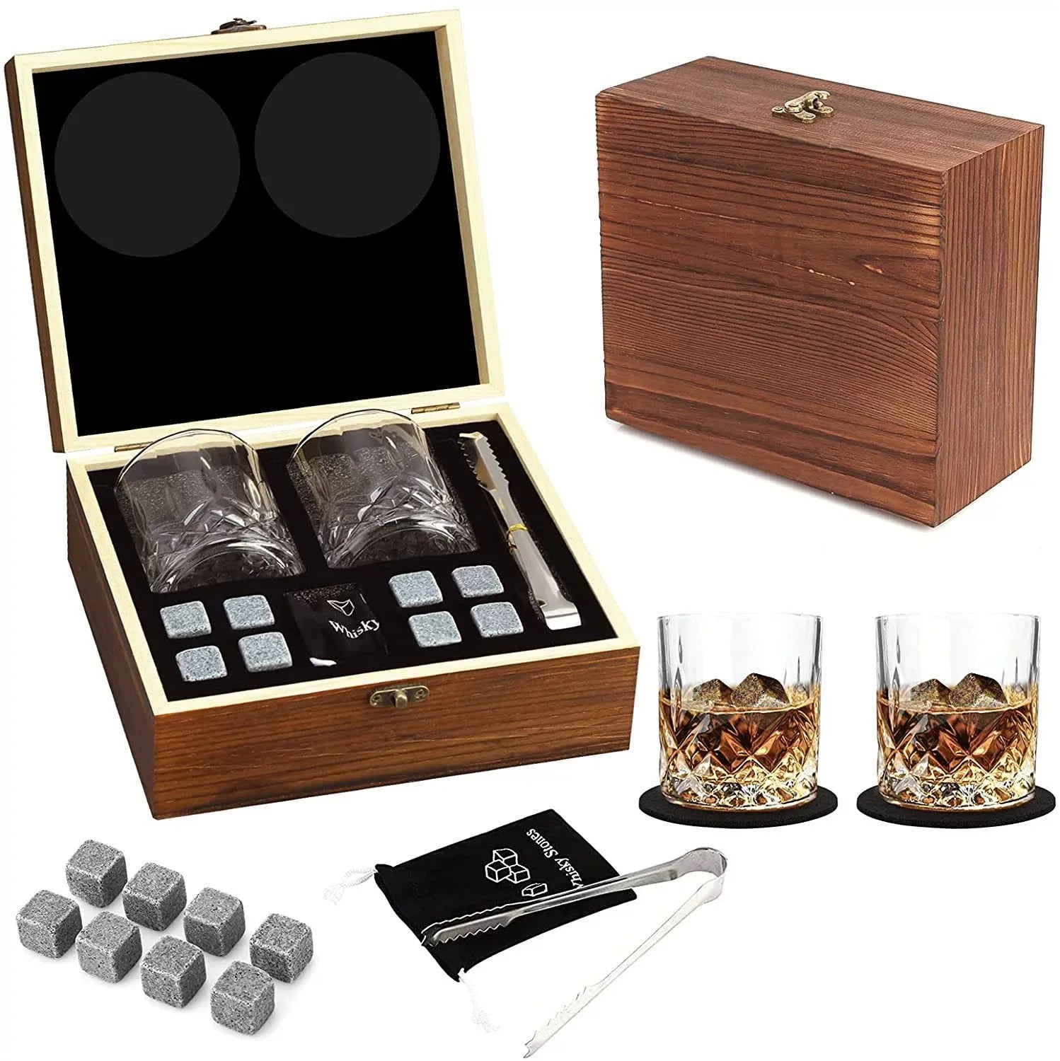 Natural Whiskey Stone Whisky Gift Set Reusable Ice Cube Rocks Chilling Stones With Tong Wooden Box Whiskey Stones Gift Set