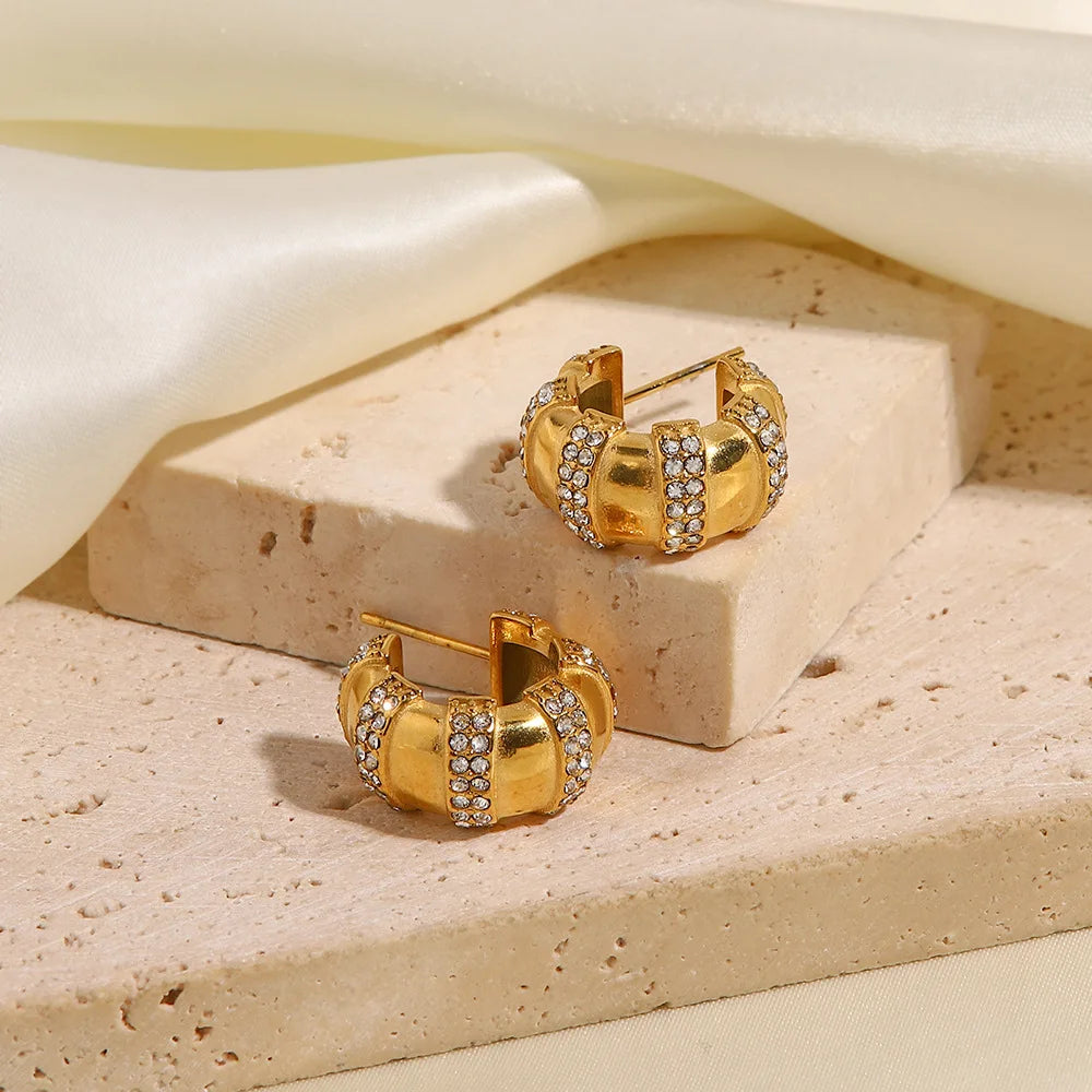 Designer Stainless Steel 18K Gold Plated Geometric Classic Zircon Chunky Hoop Earrings for Women Wedding Party Gift Fashion