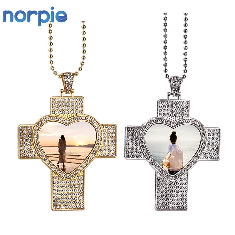 Norpie Rhinestone Heart Cross Shape Sublimation Blank Pendant Necklace