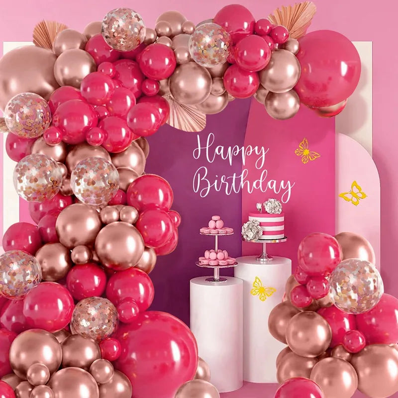 100 PCS Hot Pink Rose Golden Balloon Garland Kits Birthday Wedding Party Balloons Latex Confetti for Wedding Decoration Ballon