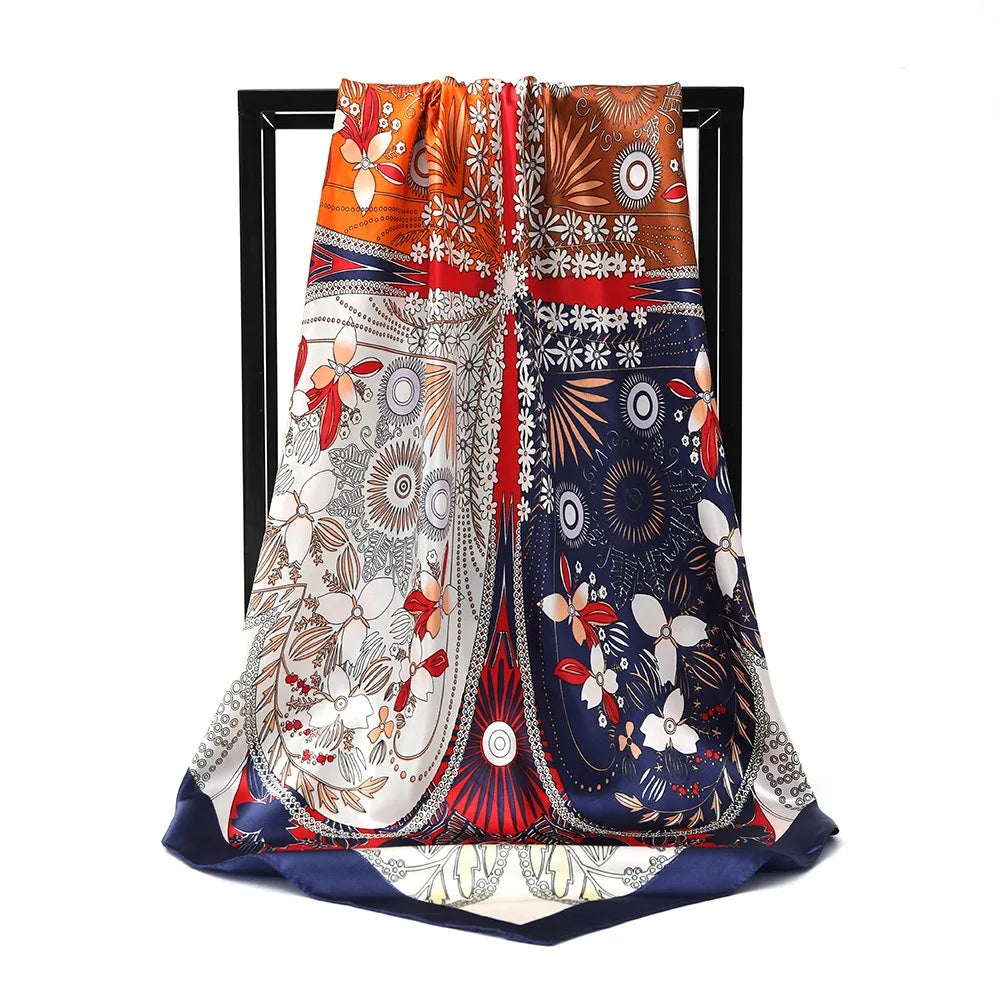 Custom Women 90cm Stain Silk Square Scarf Muslim Head Scarves Hijab Femme Musulman Floral Print Bandana Ladies Stain Scarfs