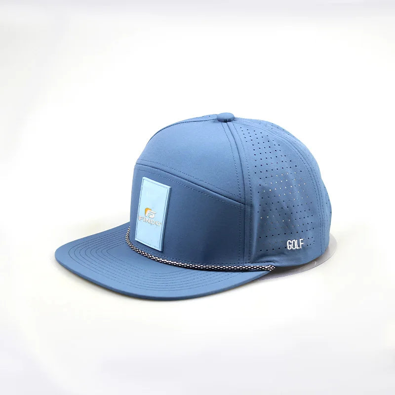 Customizable 6 Panel Baseball Caps for Men Waterproof Flat Brim with Laser Perforations Sporty Breathable PVC Logo Design