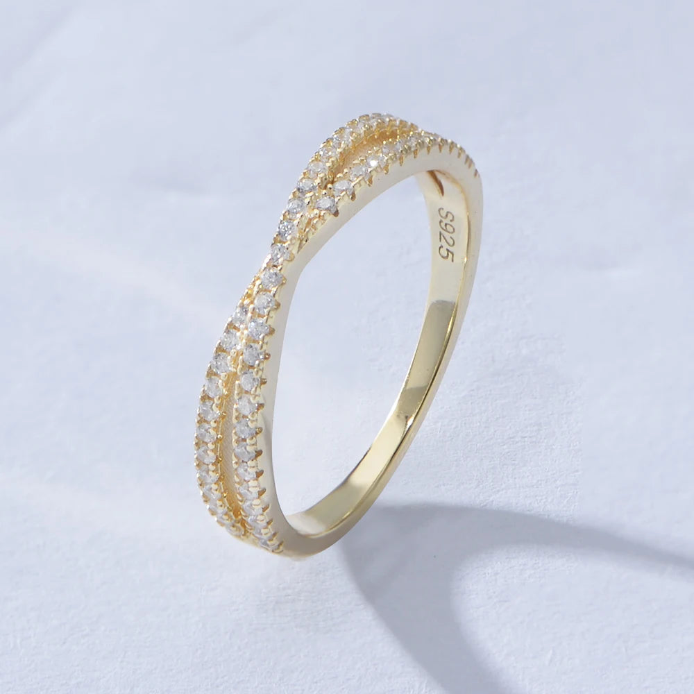 Fashion S925 Sterling Silver X Shape Design 14K Gold Plated Cross Line Micro Insert Zircon Promise Eternity Band Ring Jewelry