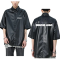 Custom Graphic Design Embroidery Logo Graphic Print Short Sleeve Embossed Back PU Leather Button Front Shirt Black