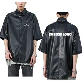 Custom Graphic Design Embroidery Logo Graphic Print Short Sleeve Embossed Back PU Leather Button Front Shirt Black
