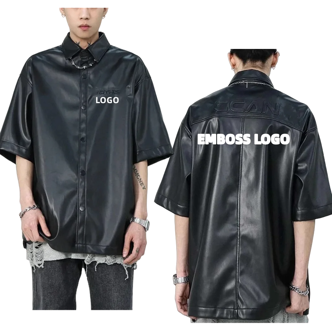 Custom Graphic Design Embroidery Logo Graphic Print Short Sleeve Embossed Back PU Leather Button Front Shirt Black