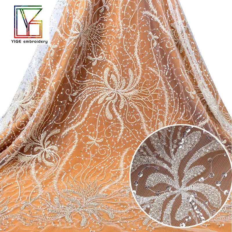 Fashion Beaded French Lace Fabric Silver Beads Net Lace Luxury Dress Fabric Tulle Sequins Lace Fabrics for Wedding