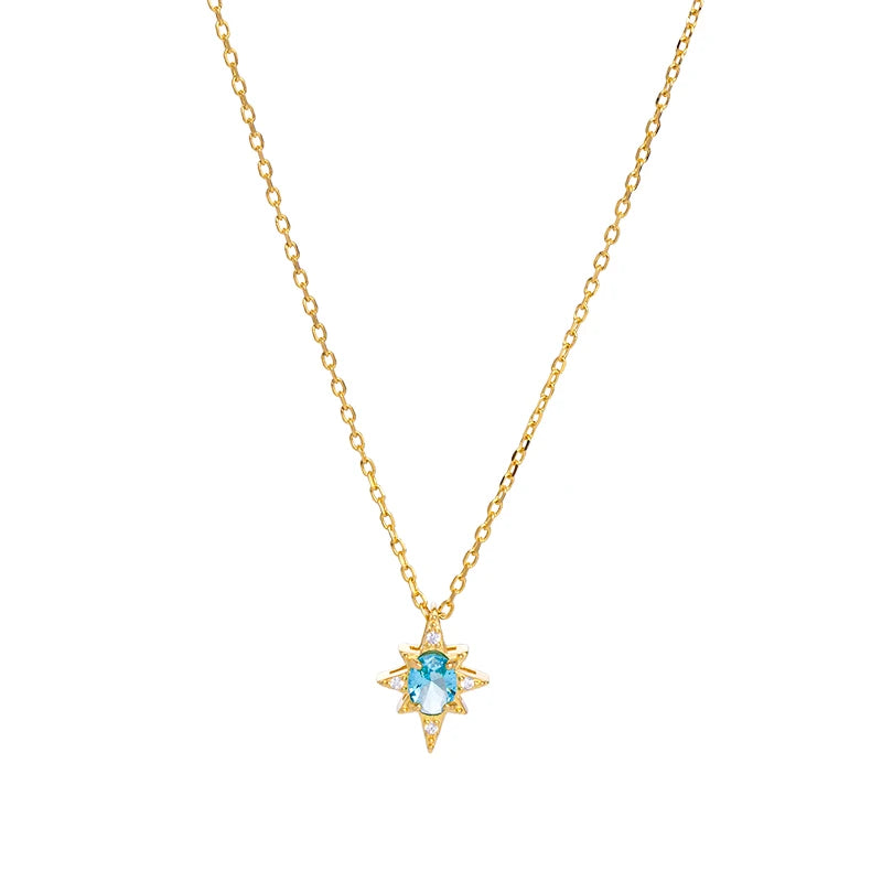 The New Listing Blue Topaz Zircon Pendant 925 Silver 18K Gold Plated Choker Starburst Necklace