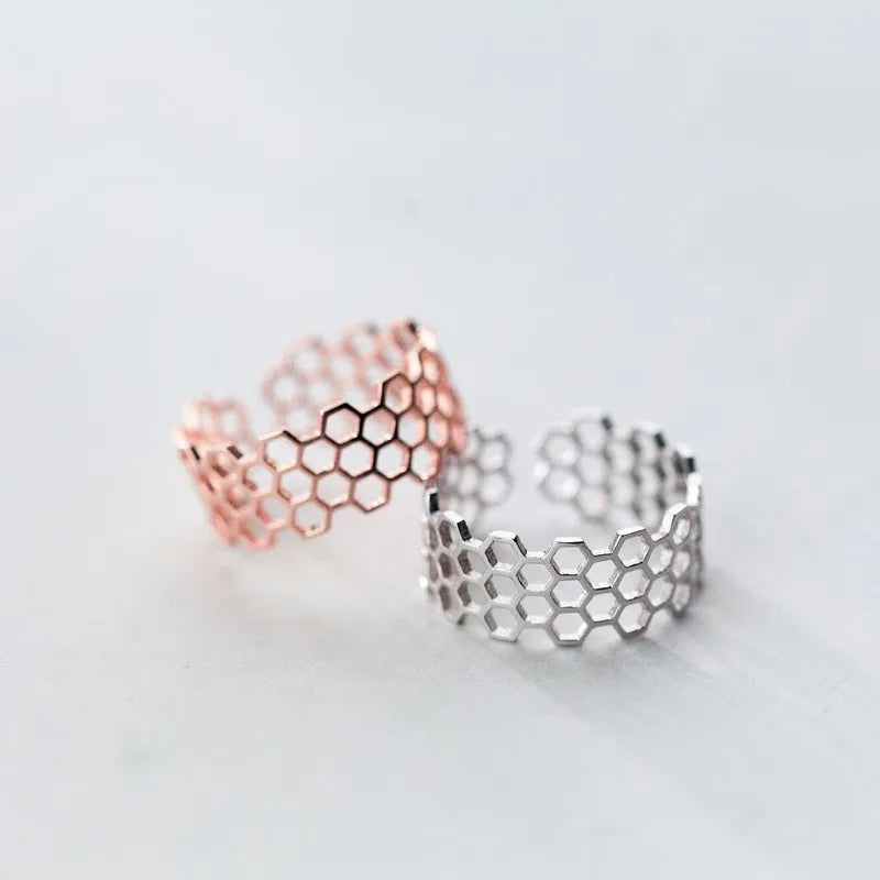 925 Sterling Silver Honeycomb Shape Thin Band Ring Rose Gold Plated Adjustable Open Geometric Finger Rings Jewellery for Women