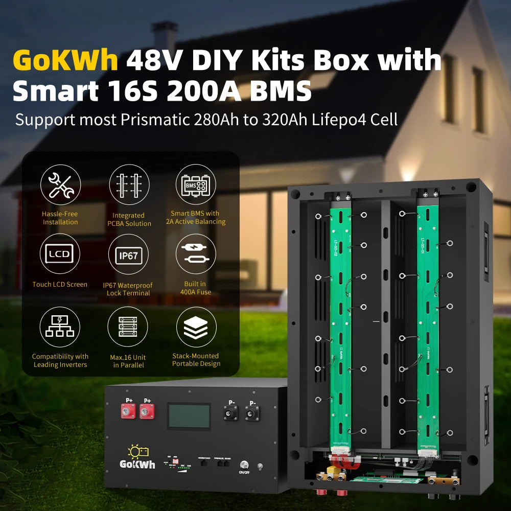 GoKWh 3.2V 48V 51.2V 280Ah 314Ah 320Ah 340Ah DIY LiFePO4 Battery Box 15kwh 20kWh 30kWh Home Solar Energy Storage with BMS 200A