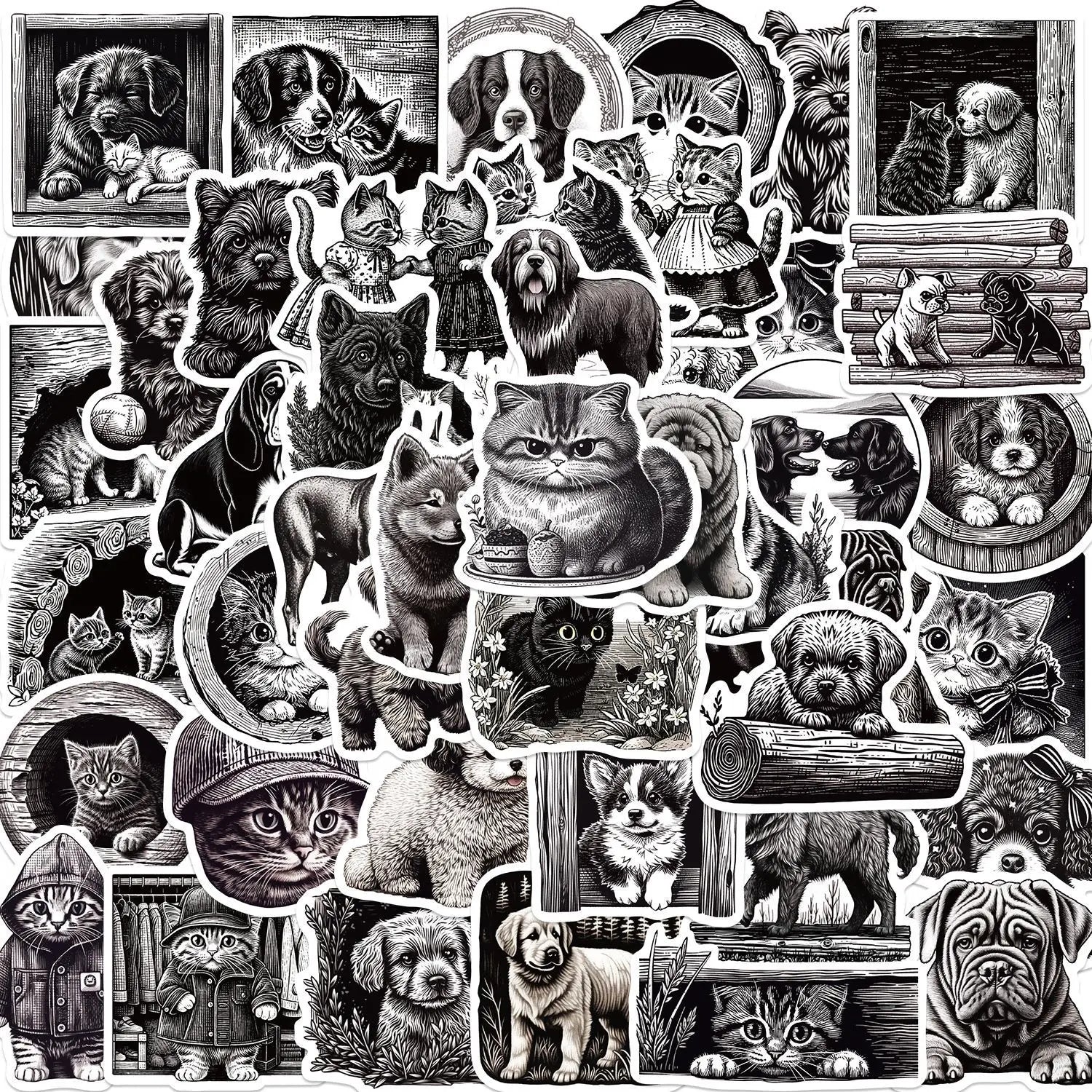 50PCS Fashional Black and White Animals Bully Dog Funny Cartoon Cat Sticker