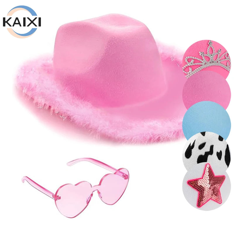 Pink Ruffled Peachy Glasses Two-piece Black and White Milk Cowboy Hat Glasses Set