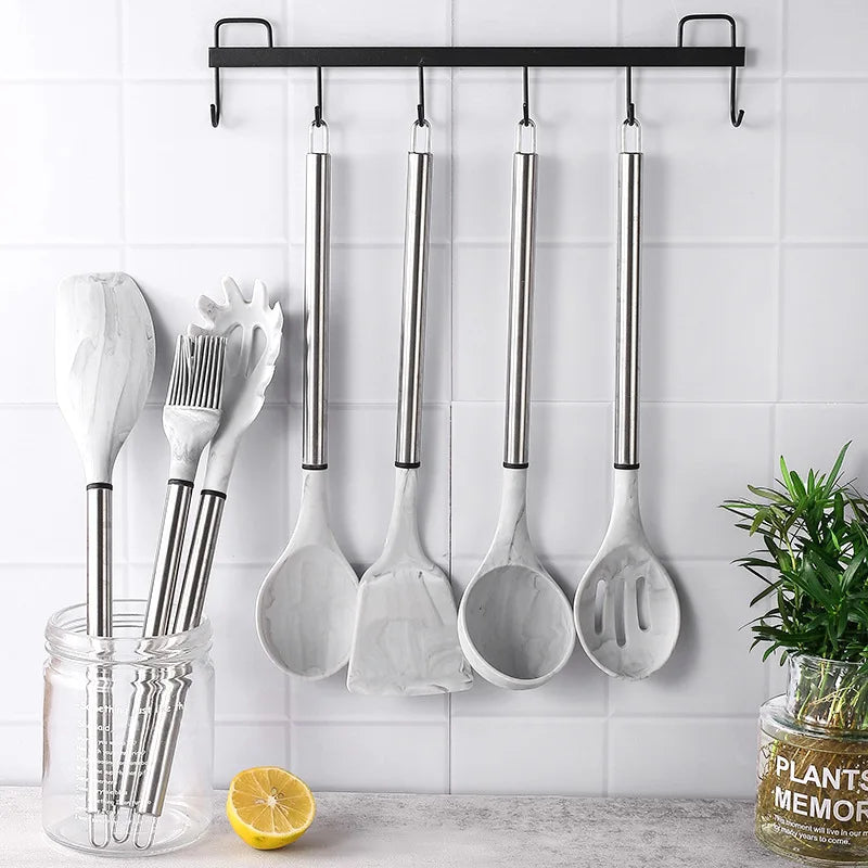 Manjia New Design Heat Resistant Silicone Kitchen Accessories Tools with Marble Pattern Gift Cooking Tool  Utensils Sets