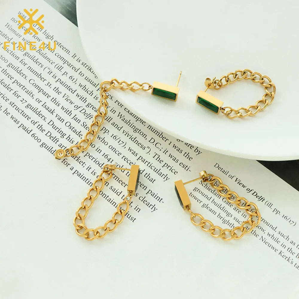 Women Fashion Non Tarnish Jewelry Stainless Steel Green Diamond Tassel 18k Gold Plated Long Zircon Dangle Drop Chain Earrings