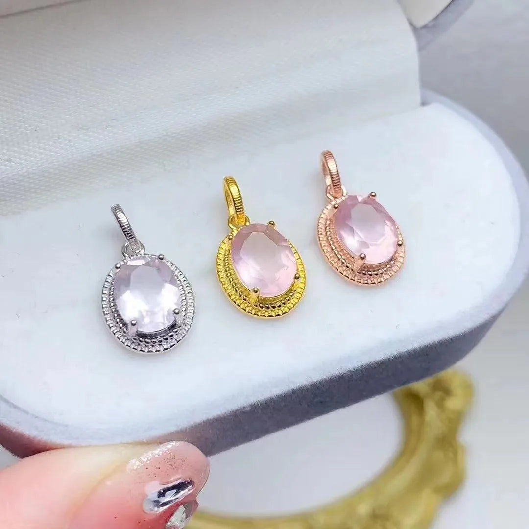Hot Sale Big 925 Sterling Silver Natural Oval Cut 18k Gold Plating Rose Quartz Pendant Necklace