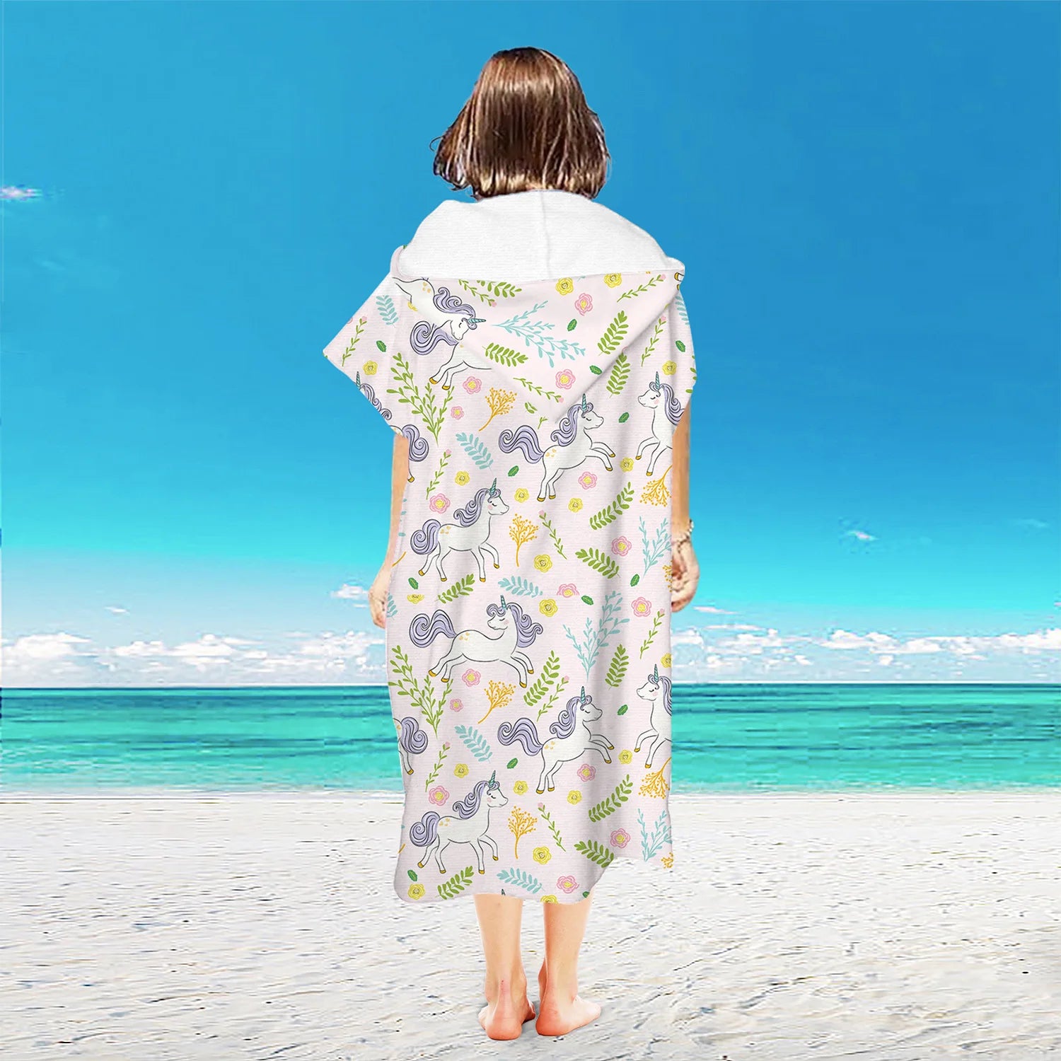 Women's Custom Printed Quick-Drying Hooded Poncho Colorful Striped and Woven Pattern Microfiber Beach Towel
