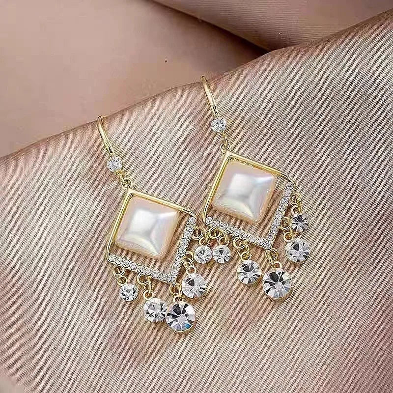 Creative Crystal Rhinestone Double Square Earrings Female Interlocking Square Opal Drop Earrings Wedding Anniversary Gift