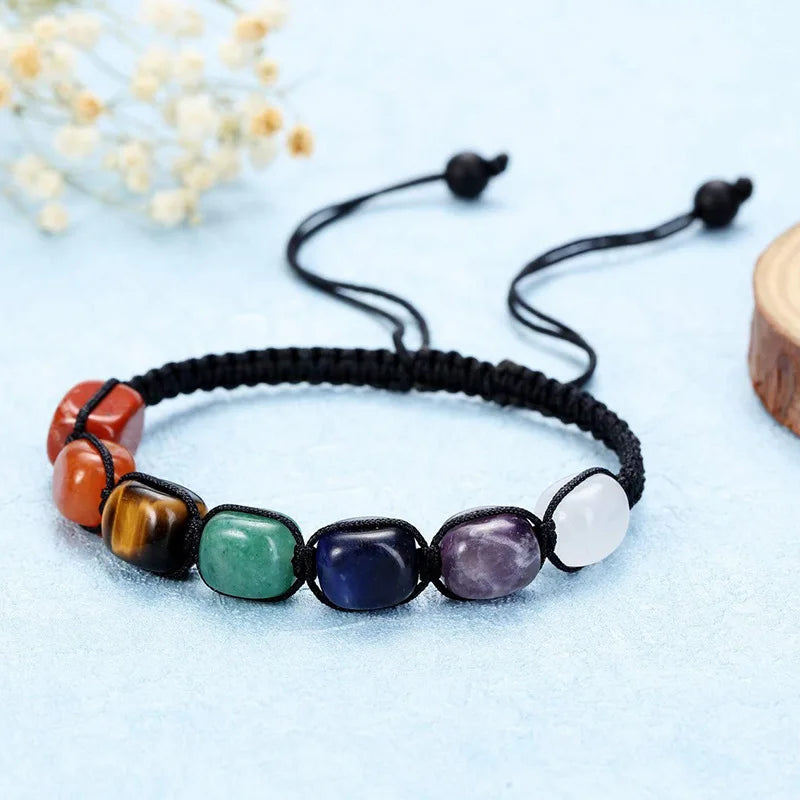 Handmade Braided Adjustable Silk Cord Gem Quartz Tiger Eye Agate Natural Stone Beads Women Men 7 Chakra Bracelet Jewelry