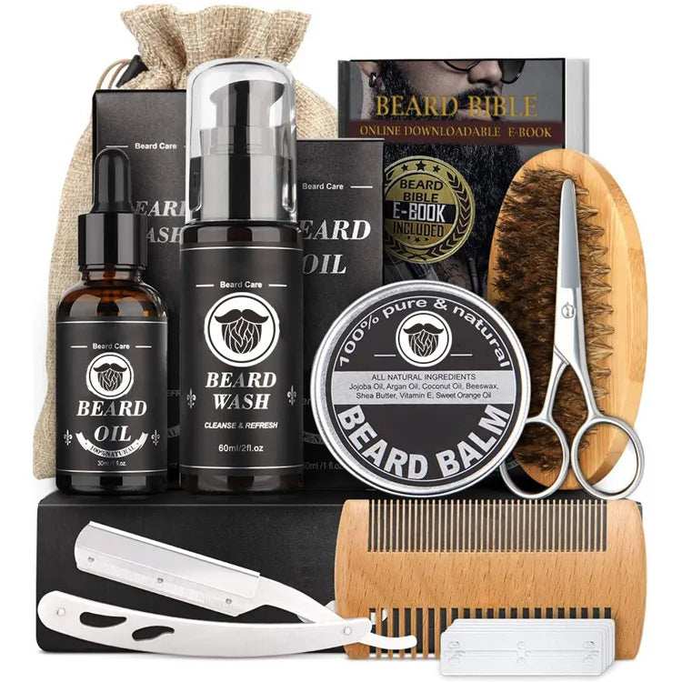 Wholesale Private Label Mens Beard Growth Oil Balm Wax Brush Set Beard Grooming Kit