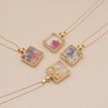 Jachon Handmade Colorful Glass Necklace for Women Girls Dry Pressed Square Pendant with Gold Plating Floral Design