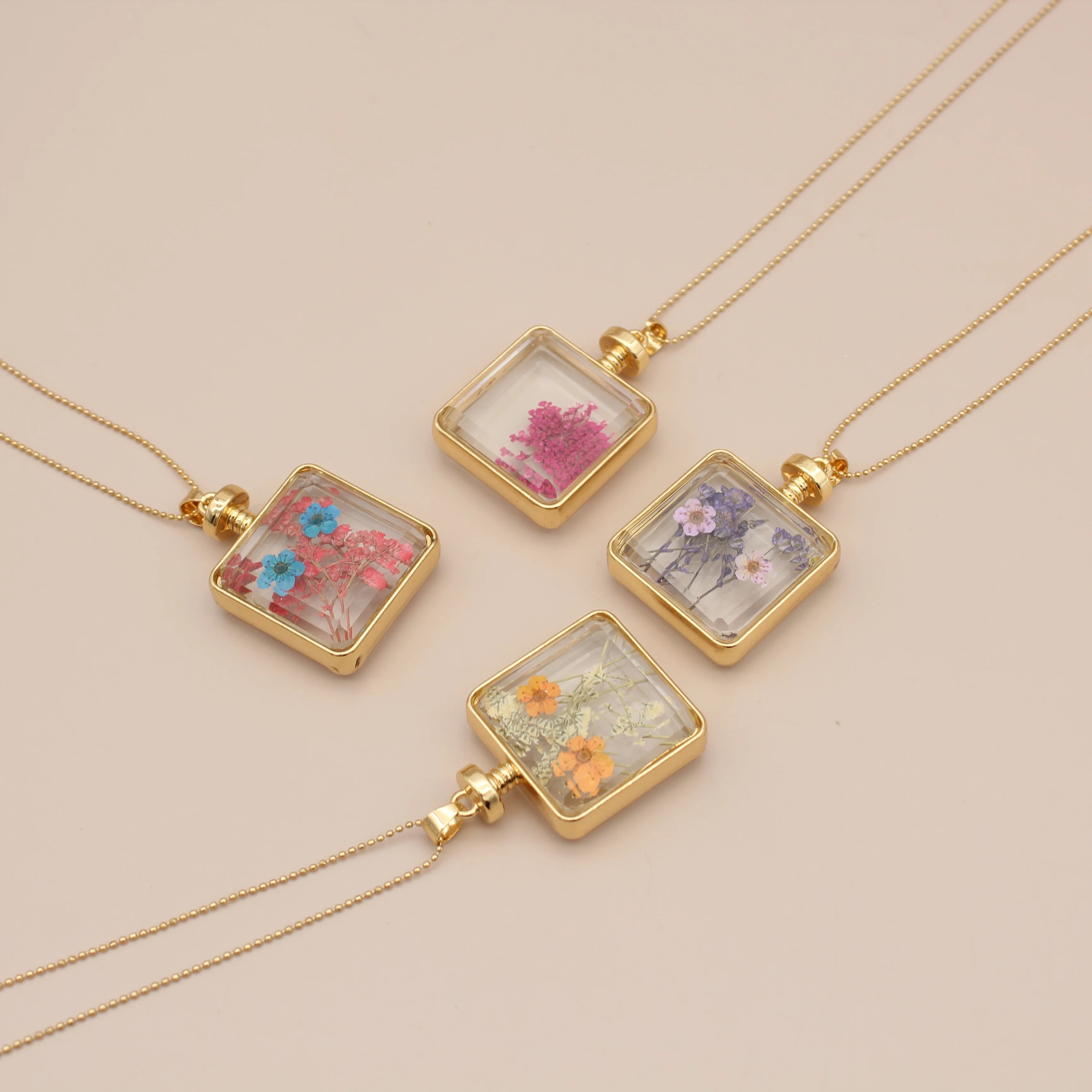Jachon Handmade Colorful Glass Necklace for Women Girls Dry Pressed Square Pendant with Gold Plating Floral Design