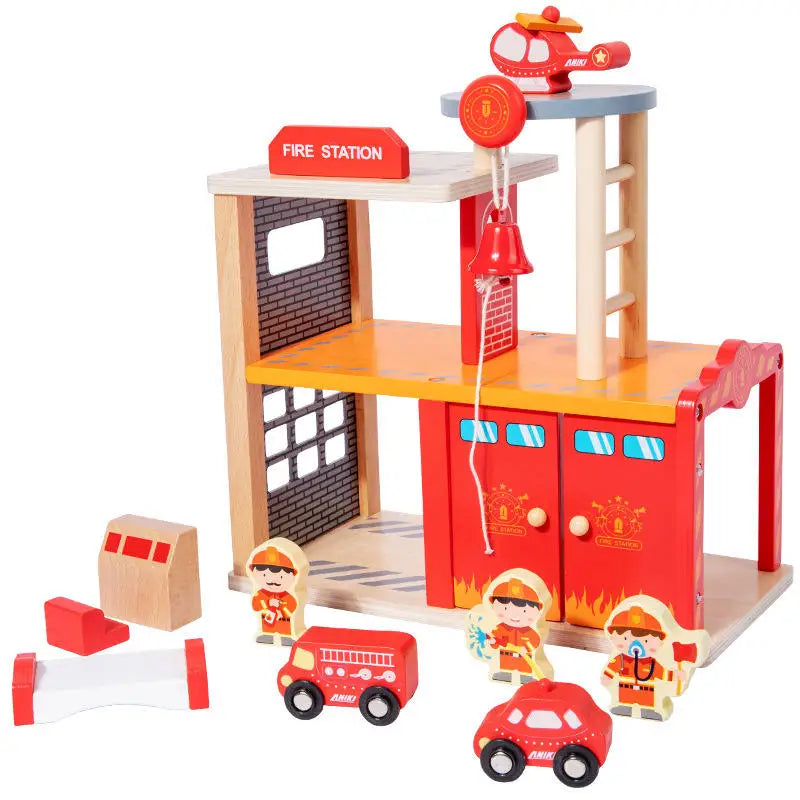 Hot Selling Montessori Children Role Play Wooden Fire Police Station Parking Lot Game Educational Playing Gift Toys for Kids
