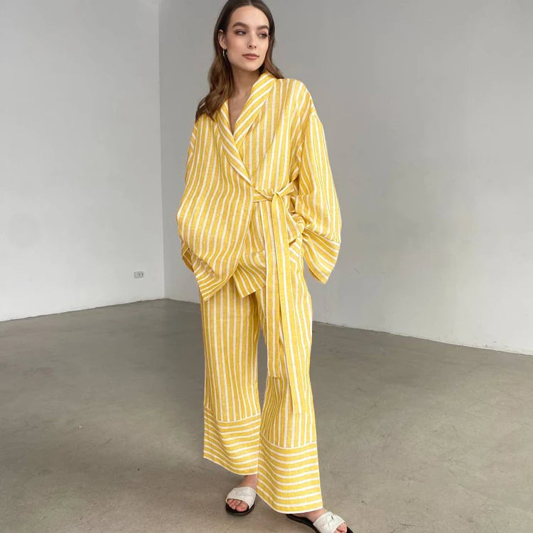 Original Manufacturer Lace-Up Striped Wrap Robe And Palazzo Pants Spring Pajamas Loungewear Two Piece Set Women Clothing