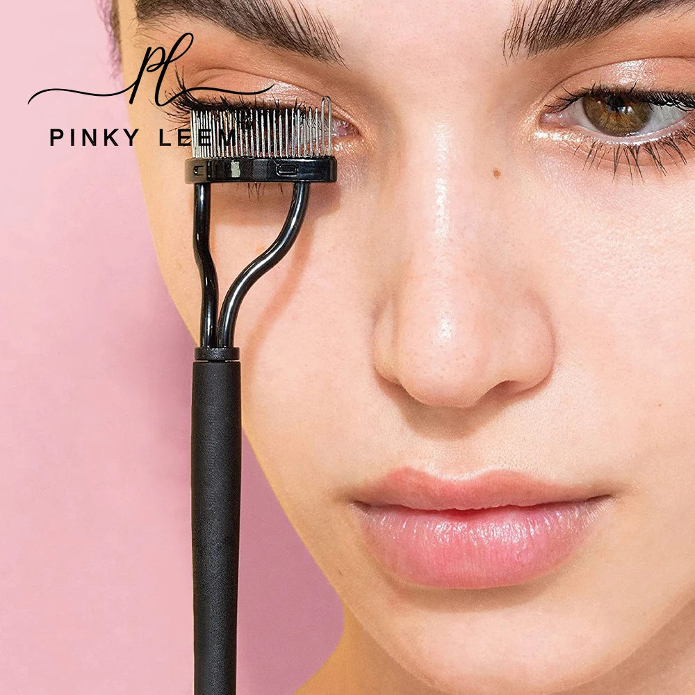 Pinky leem Eyelash Curler Auxiliary Tool Black Pink Stainless Steel Lash Comb Brush with Metal Teeth