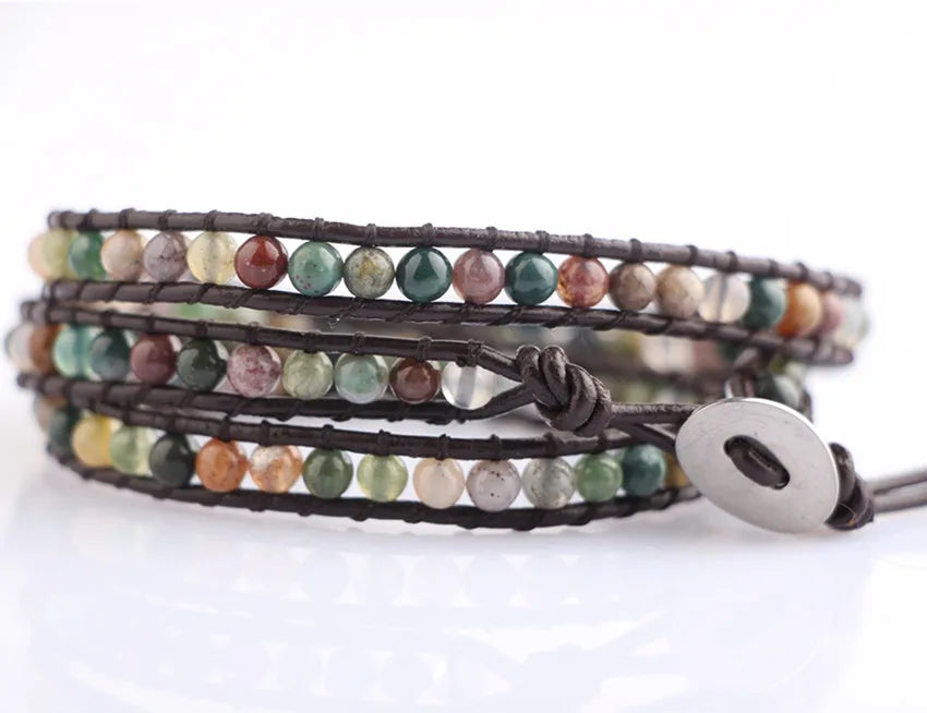 Handmade Fashion Jewelry Wrap Leather Bracelet Wholesale 4mm Natural India Agate Gemstone Beaded Bracelet
