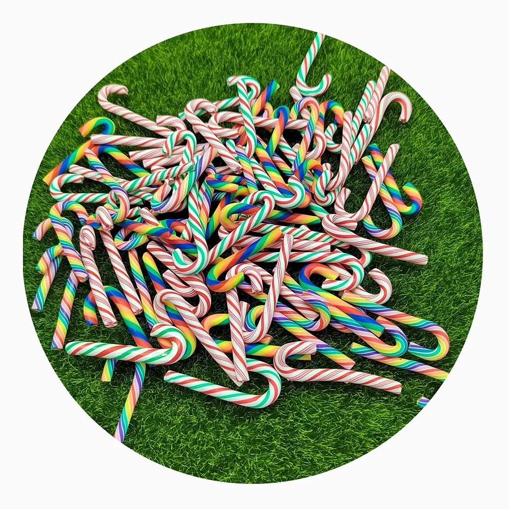 100PCS  Colors Stripe Handmade Polymer Clay Christmas Candy Cane Kawaii Miniature Food Dollhouse Home Decor