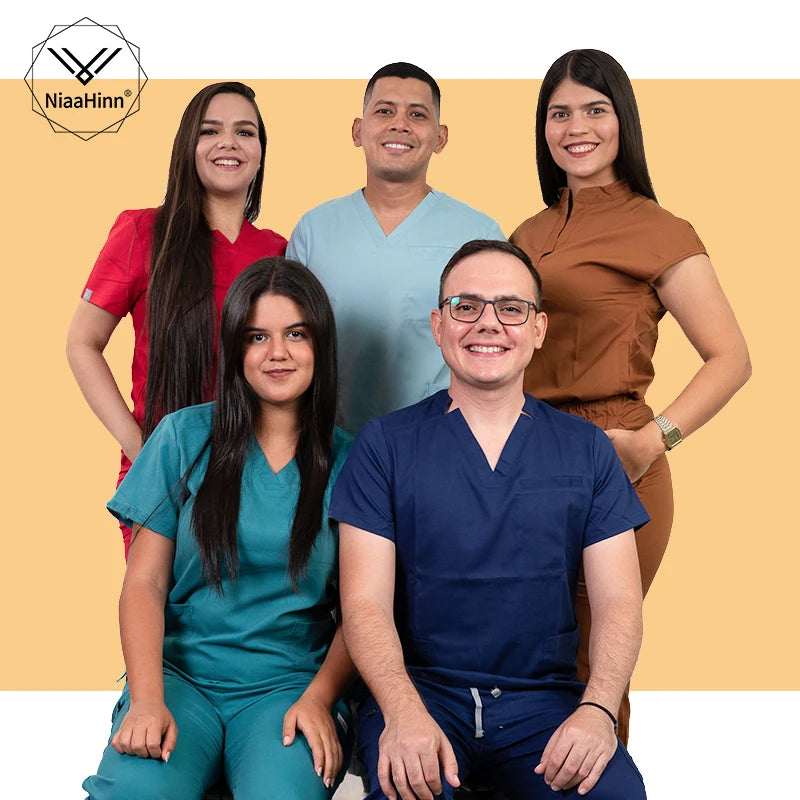Niaahinn Fashionable Health Worker Black V Neck Women Men Dental Nurse Doctor Elastic Waist Jogger Pants Scrubs Uniforms Sets
