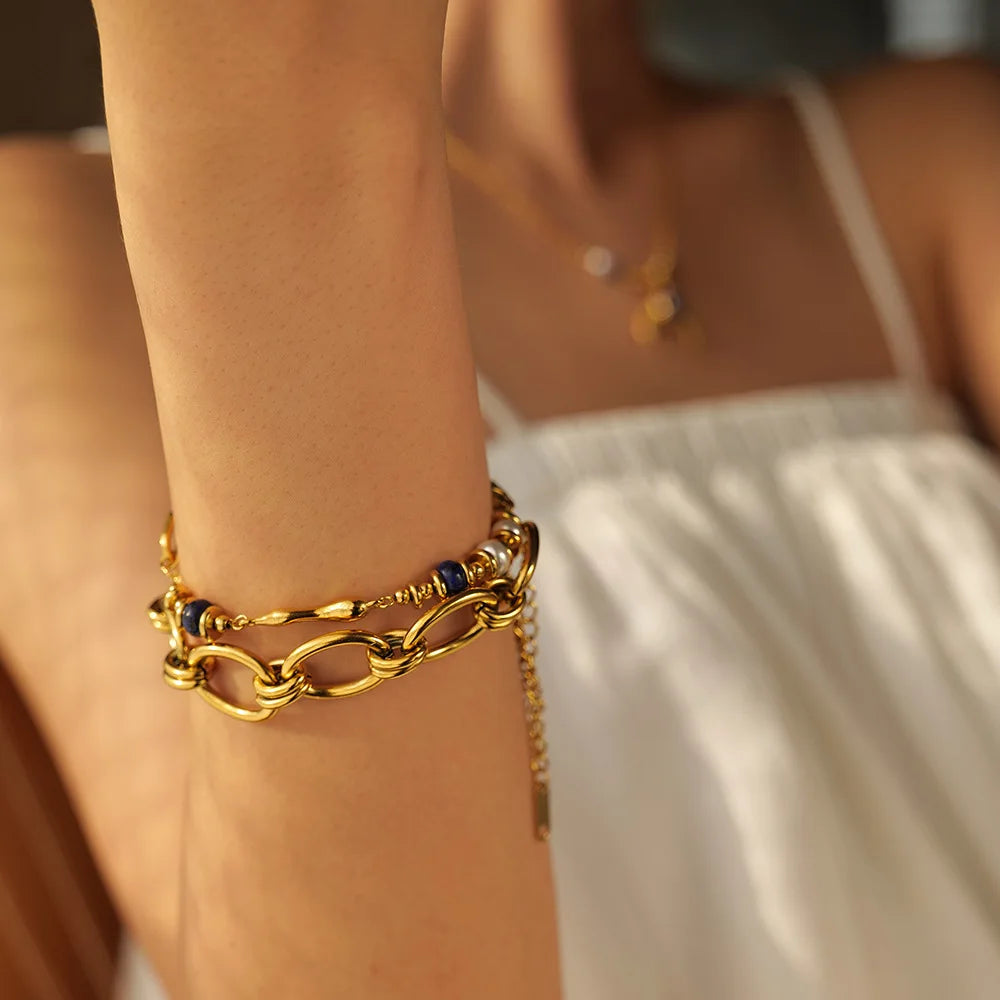 Hammer Pattern Lava Surface Texture 18K Gold Plated Stainless Steel Waterproof Open Bracelet for Women