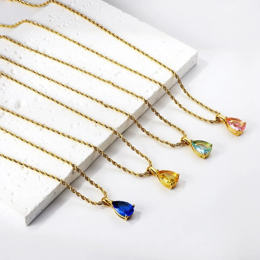18K Gold Plated PVD Stainless Steel Necklace Twist Chain Pendant with Pink Sapphire Blue Water Drop & Yellow Diamond for Parties