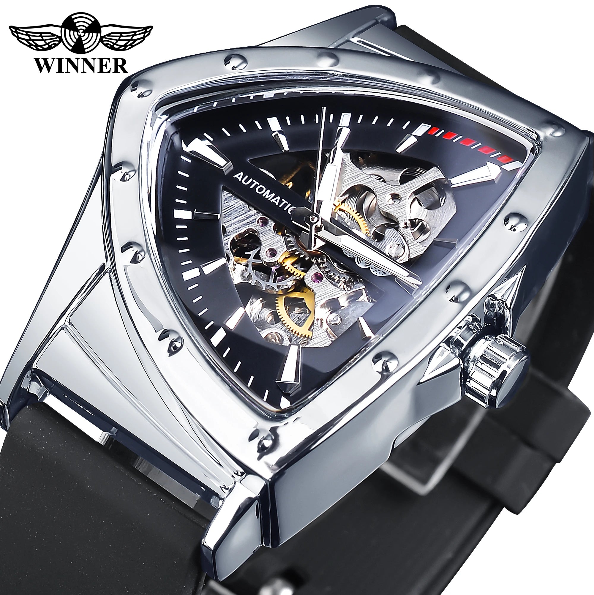 WINNER Sport Style Men's Watches Transparent Mechanical Watch Triangle Automatic   With Luminous Pointers