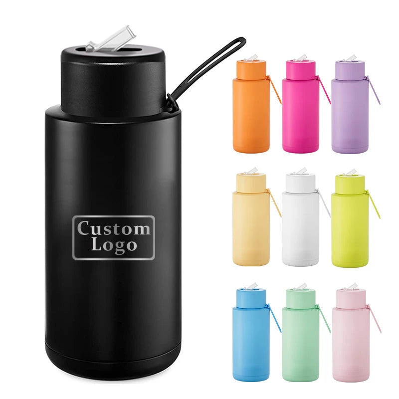 Oem 34oz 1l Stainless Steel Insulated Vacuum Flask Reusable Ceramic Water Bottles With Straw Lid